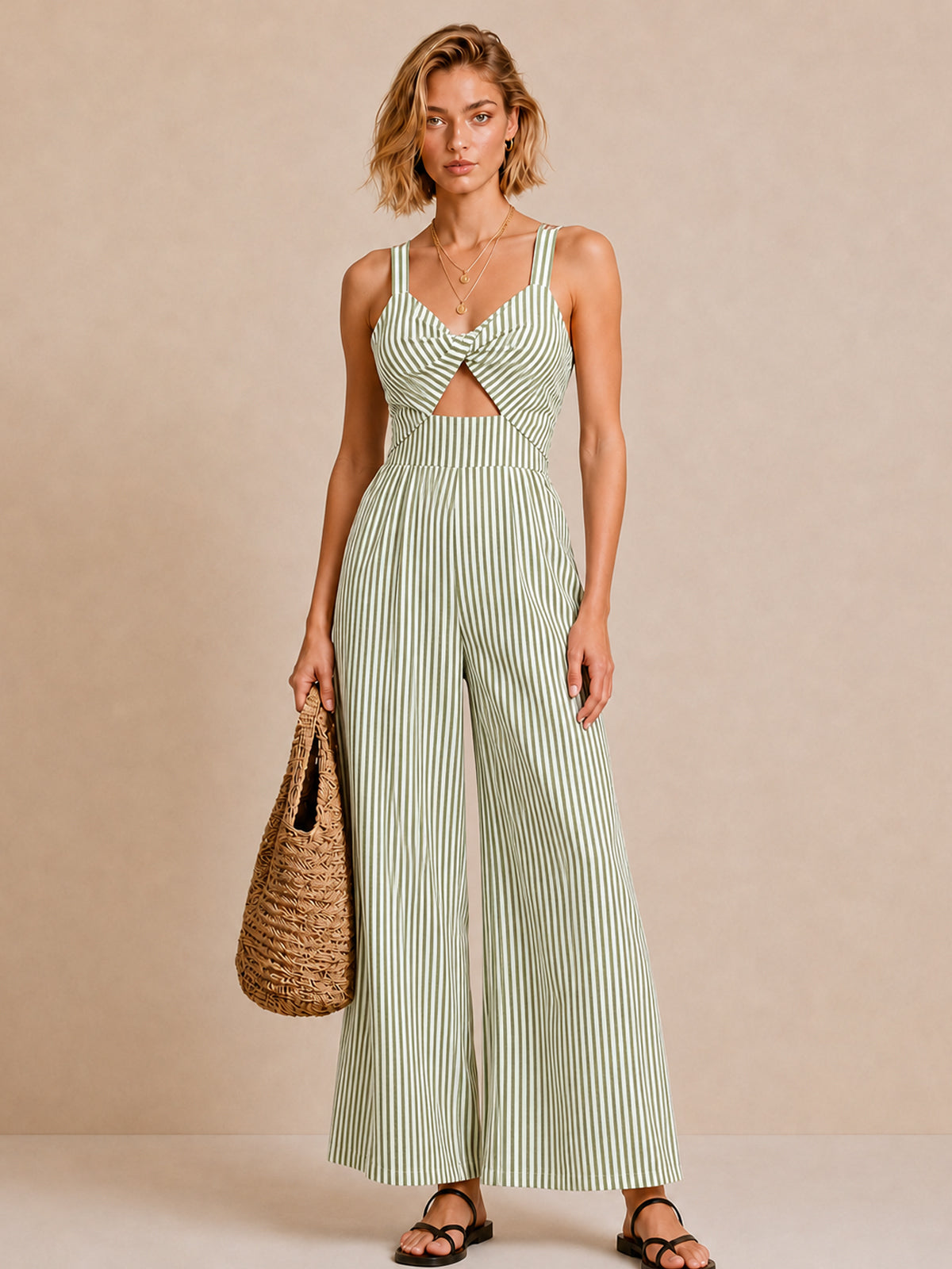 Striped Twisted Cutout Wide Jumpsuit