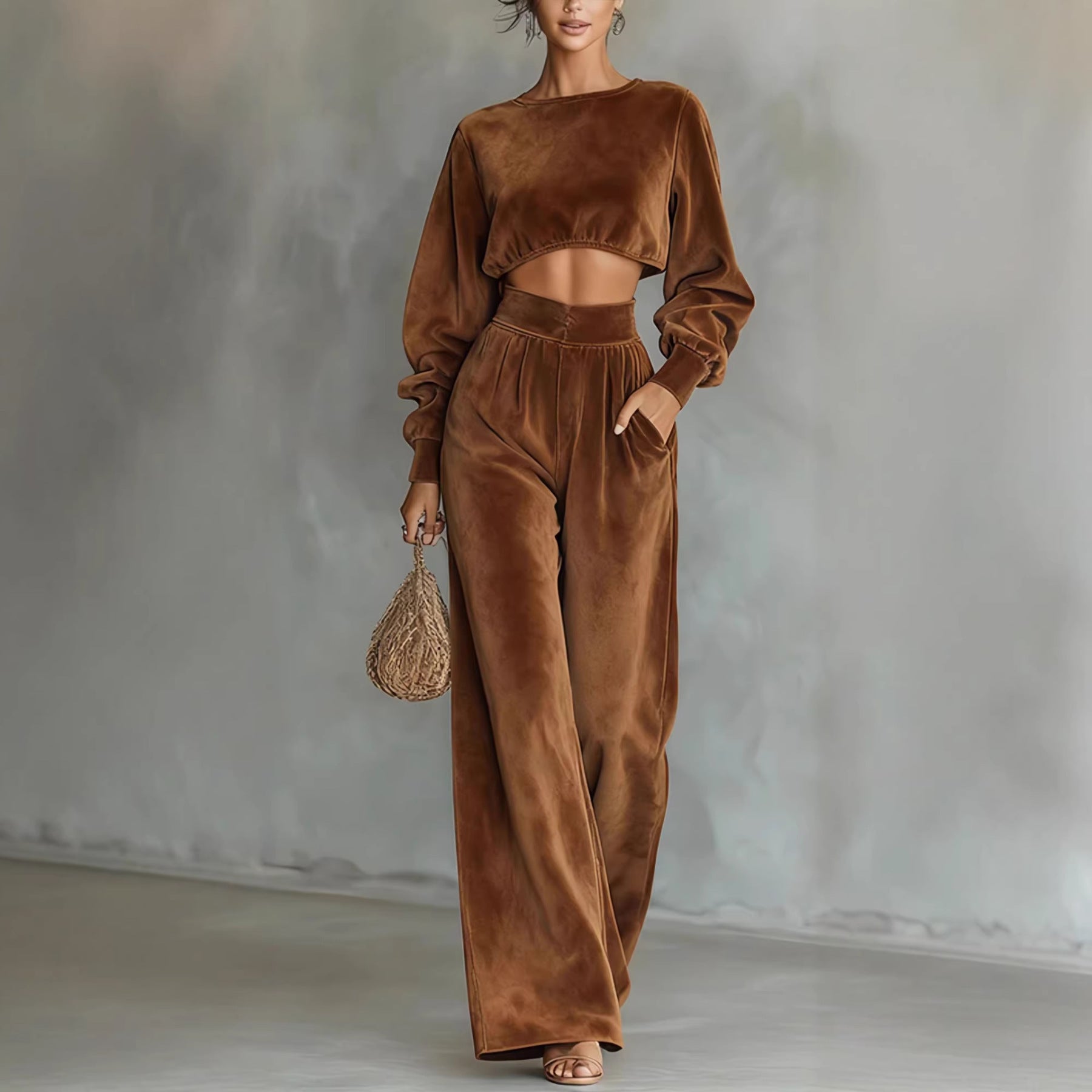 Velvet Cropped Top Wide Leg Pants Set