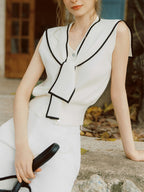Contrast-Trim Sailor Collar Knit Cardigan