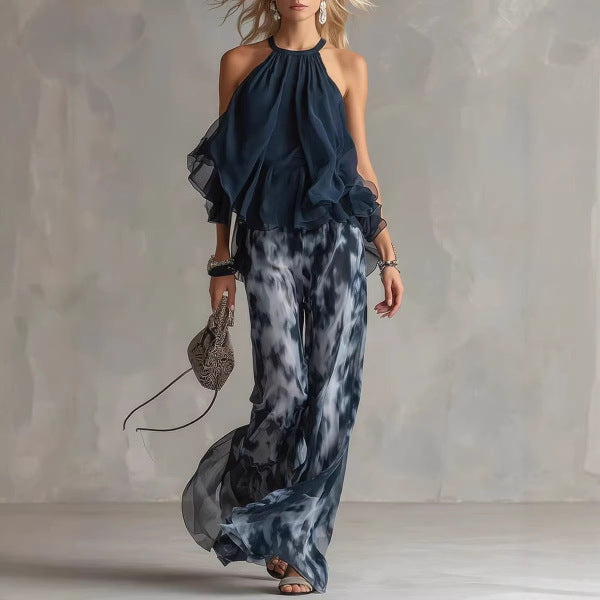 Halter Chiffon Top & Printed Pants Set