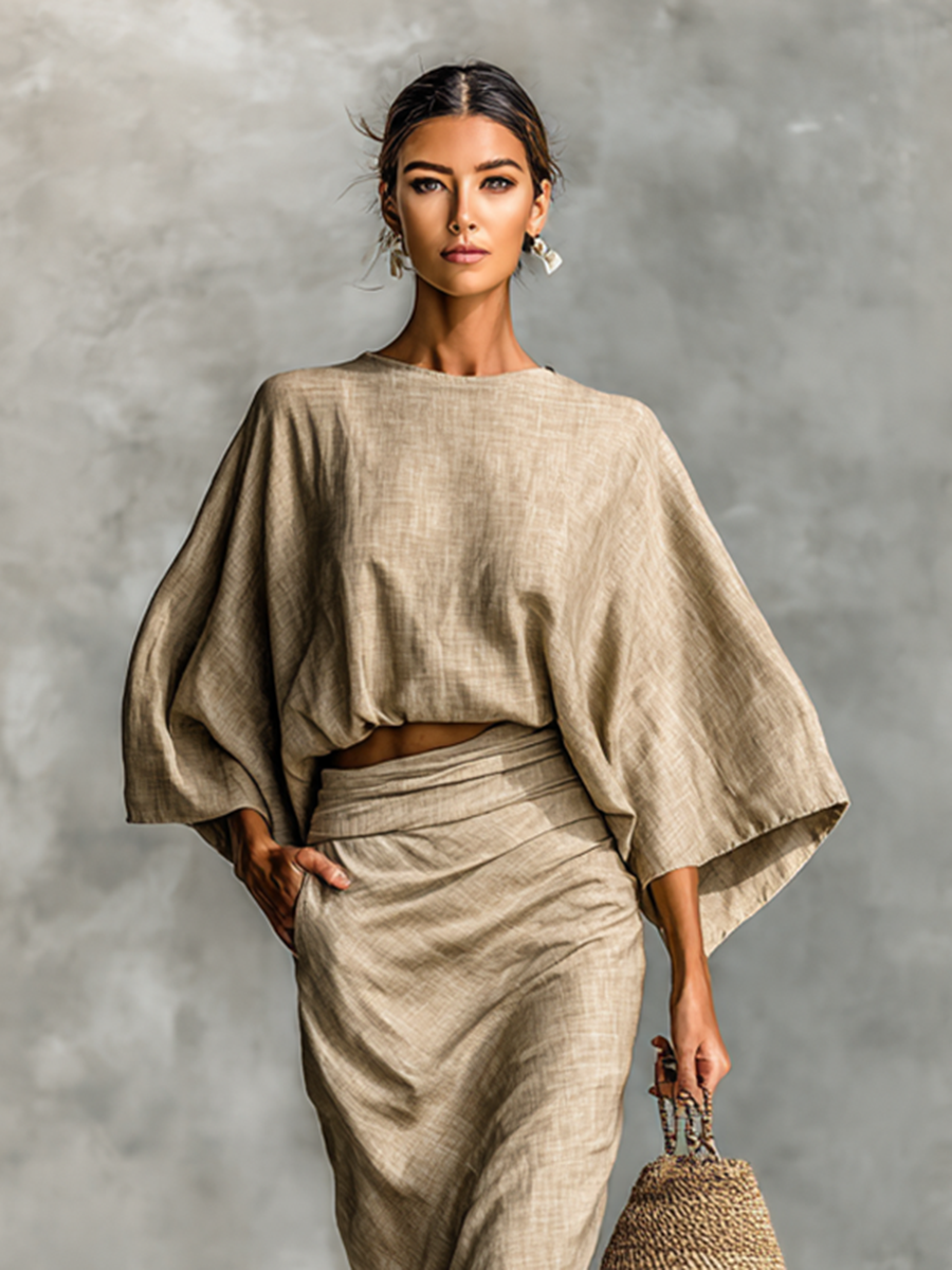 Linen Crop Top and Wide Leg Pants Set Boho Style Loose Fit Women's Two-Piece Outfit
