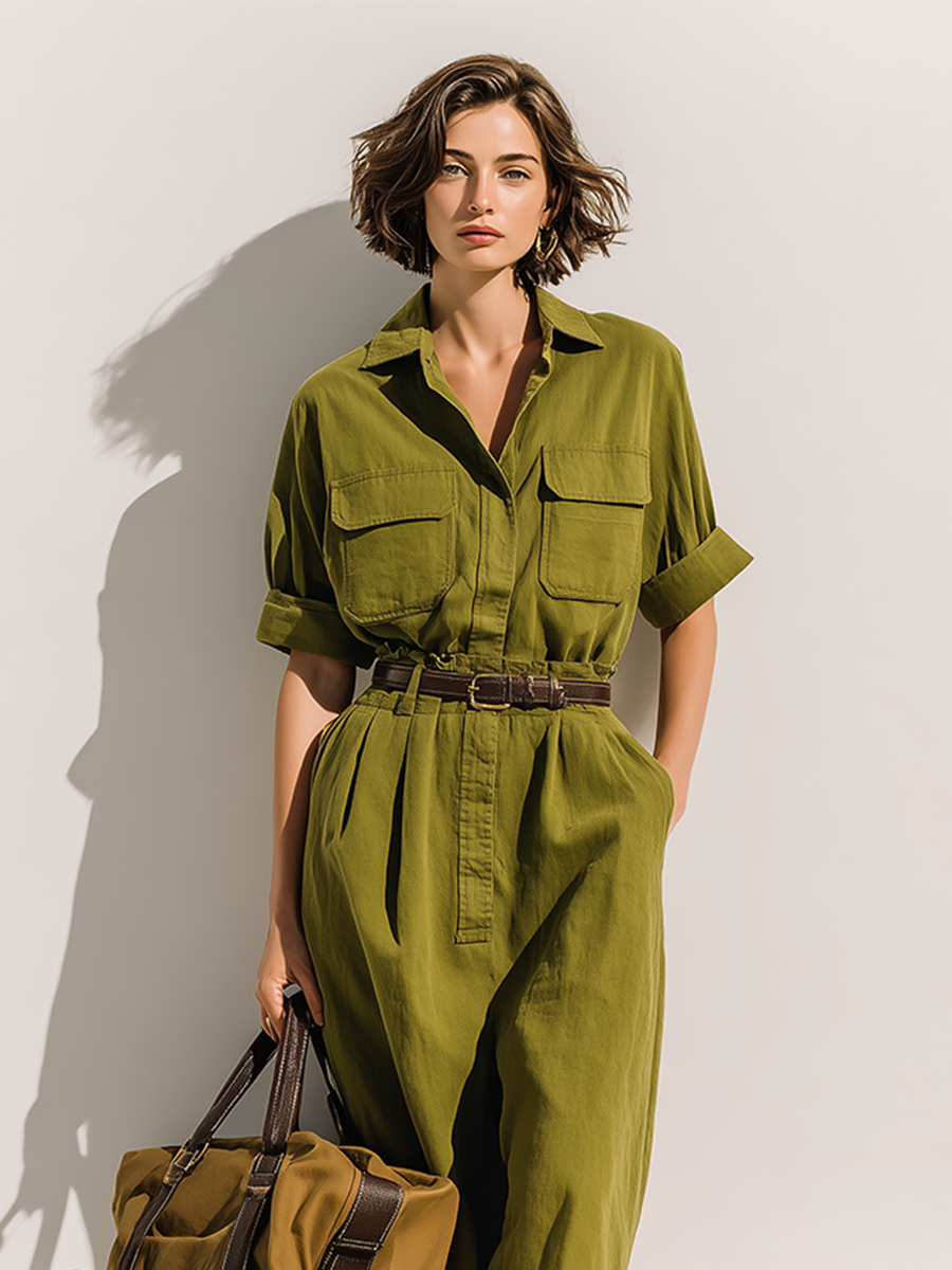 Cotton Linen Women's Olive Green Utility Jumpsuit with Pockets and Belted Waist