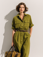 Damen Jumpsuit aus Baumwolle und Leinen in Olivgrün mit Taschen und Gürtel