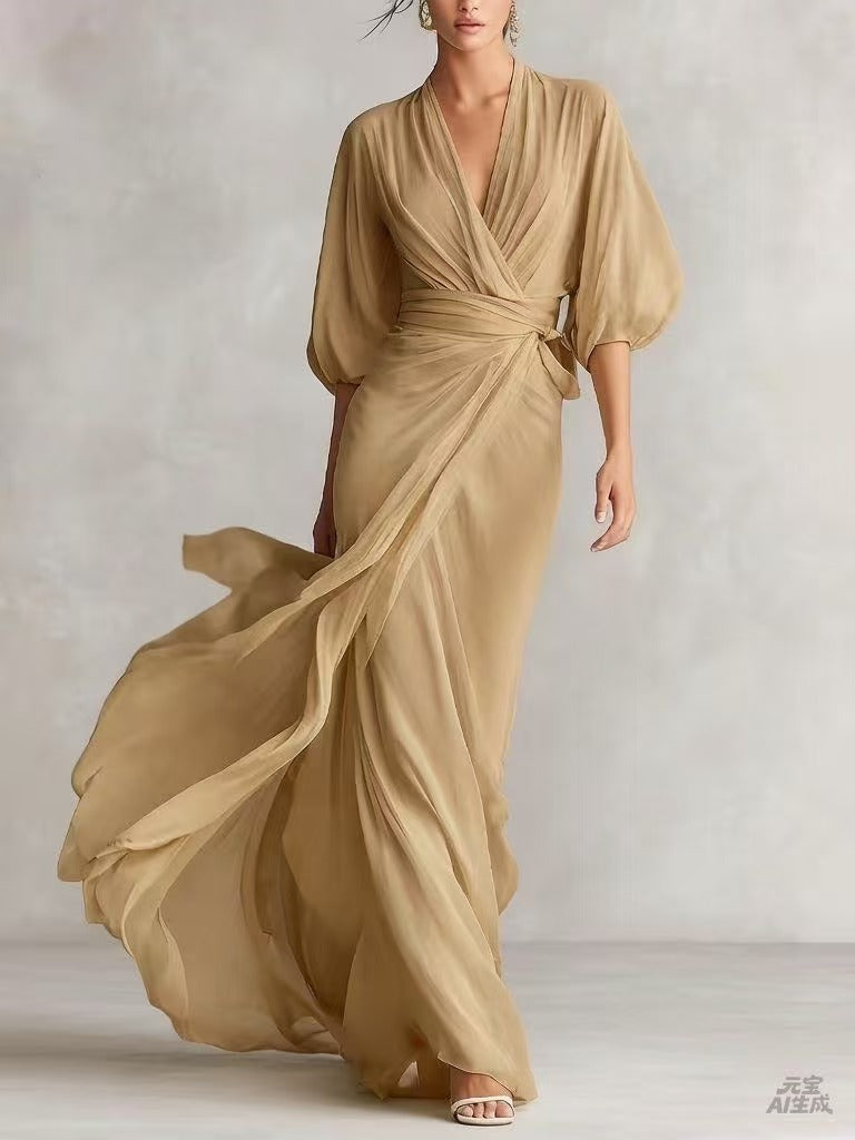 Ruched Wrap V Neck Flowy Maxi Dress