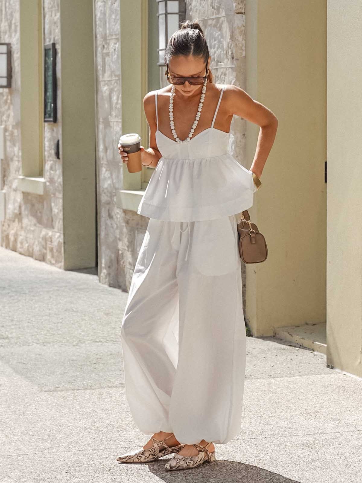 Ruffle Hem Suspender Wide Leg Two Piece Set