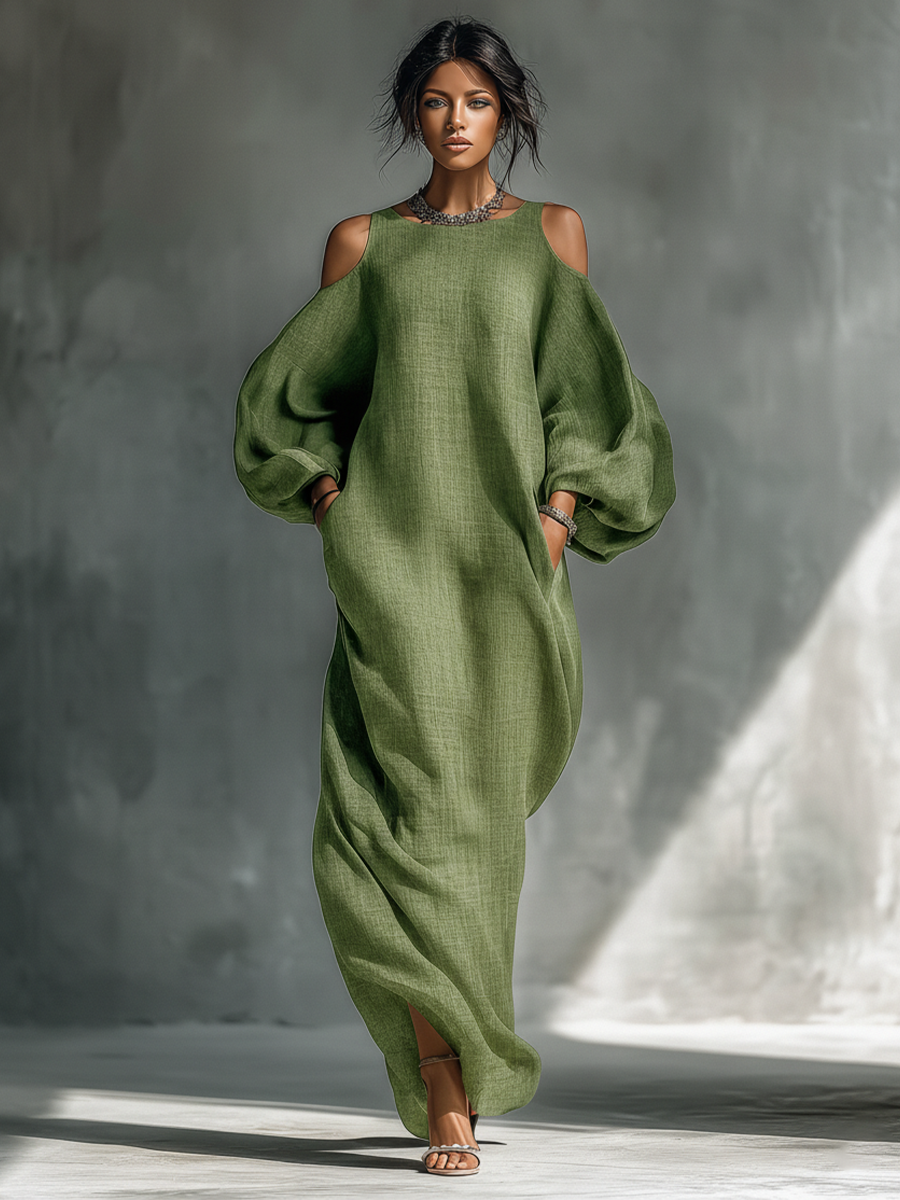 Linen Cold Shoulder Maxi Dress for Women Boho Long Sleeve Flowy Summer Dress Elegant Oversized Loose Fit Beach Vacation Dress