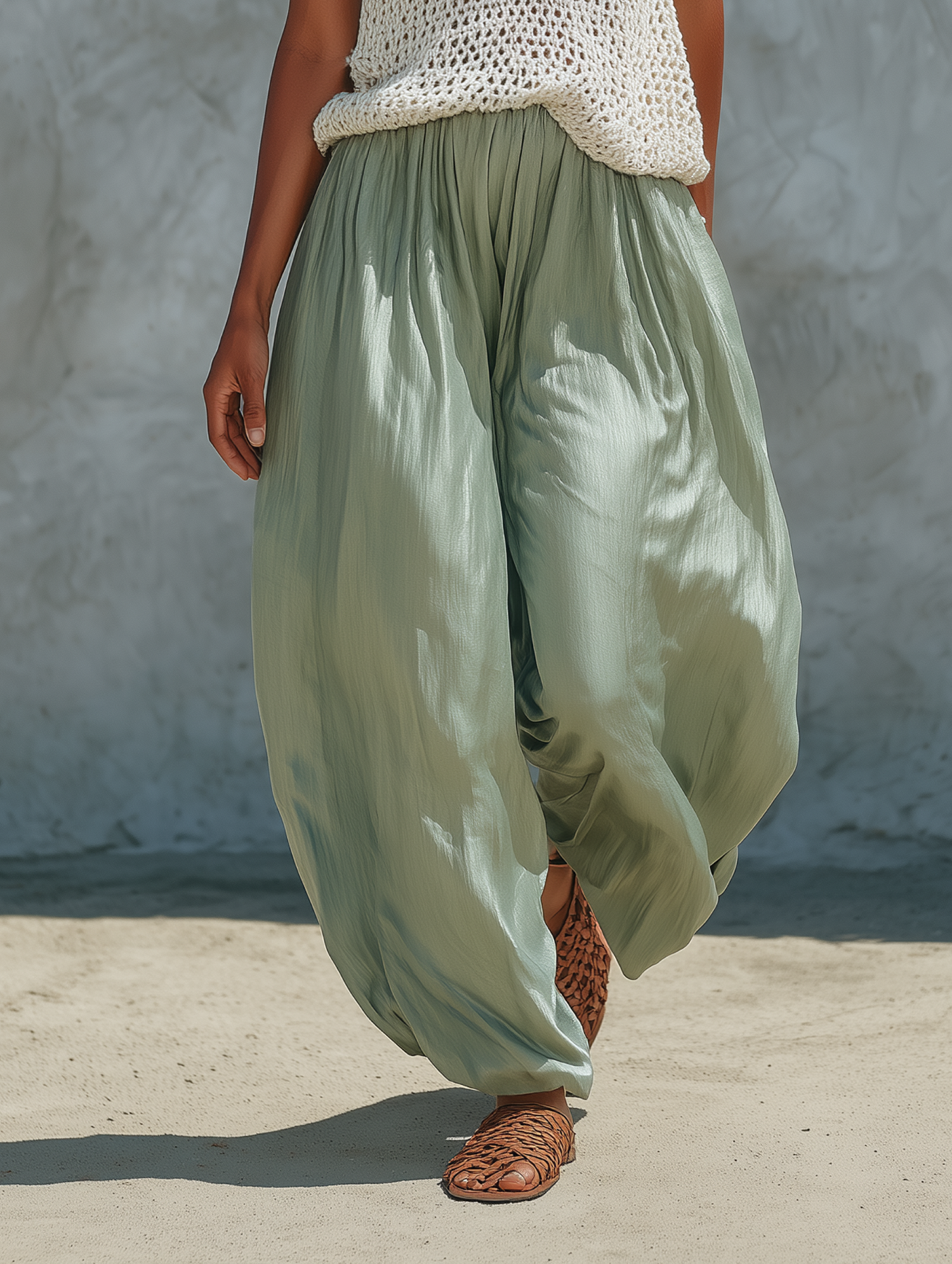 Cotton Blend Crochet Sleeveless Top with Flowy Harem Pants Set
