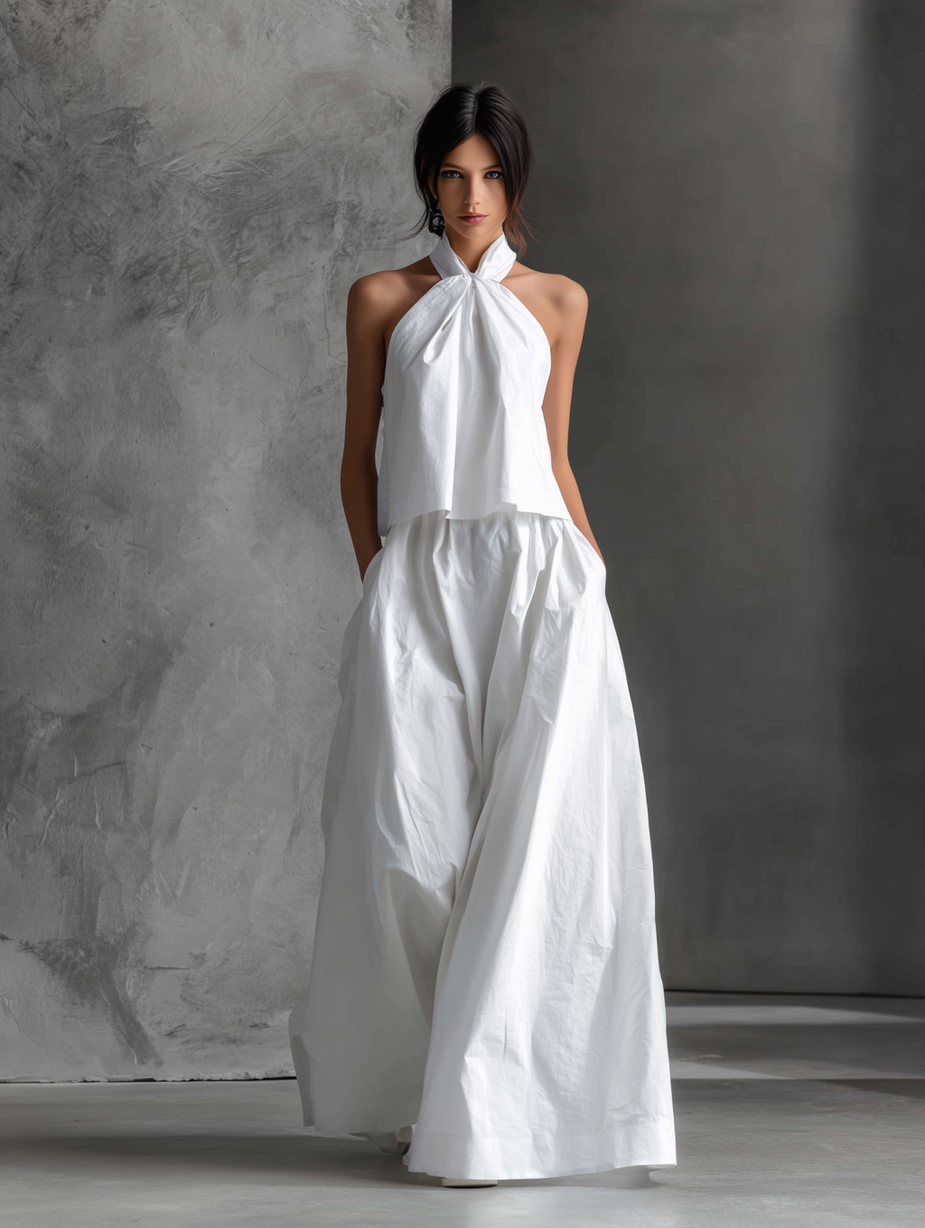 Cotton Linen Halter Maxi Dress with Tie Neck and Flowy Skirt
