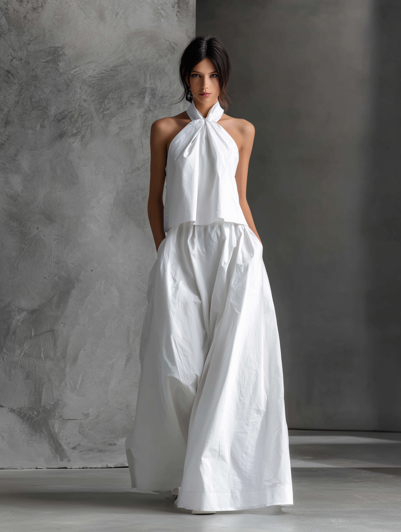 Cotton Linen Halter Maxi Dress with Tie Neck and Flowy Skirt