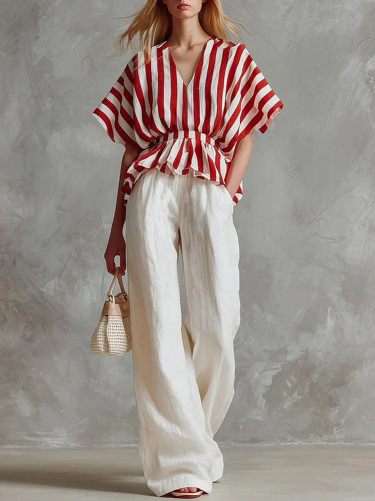 Striped V-Neck Peplum Top & Wide-Leg Pants Set