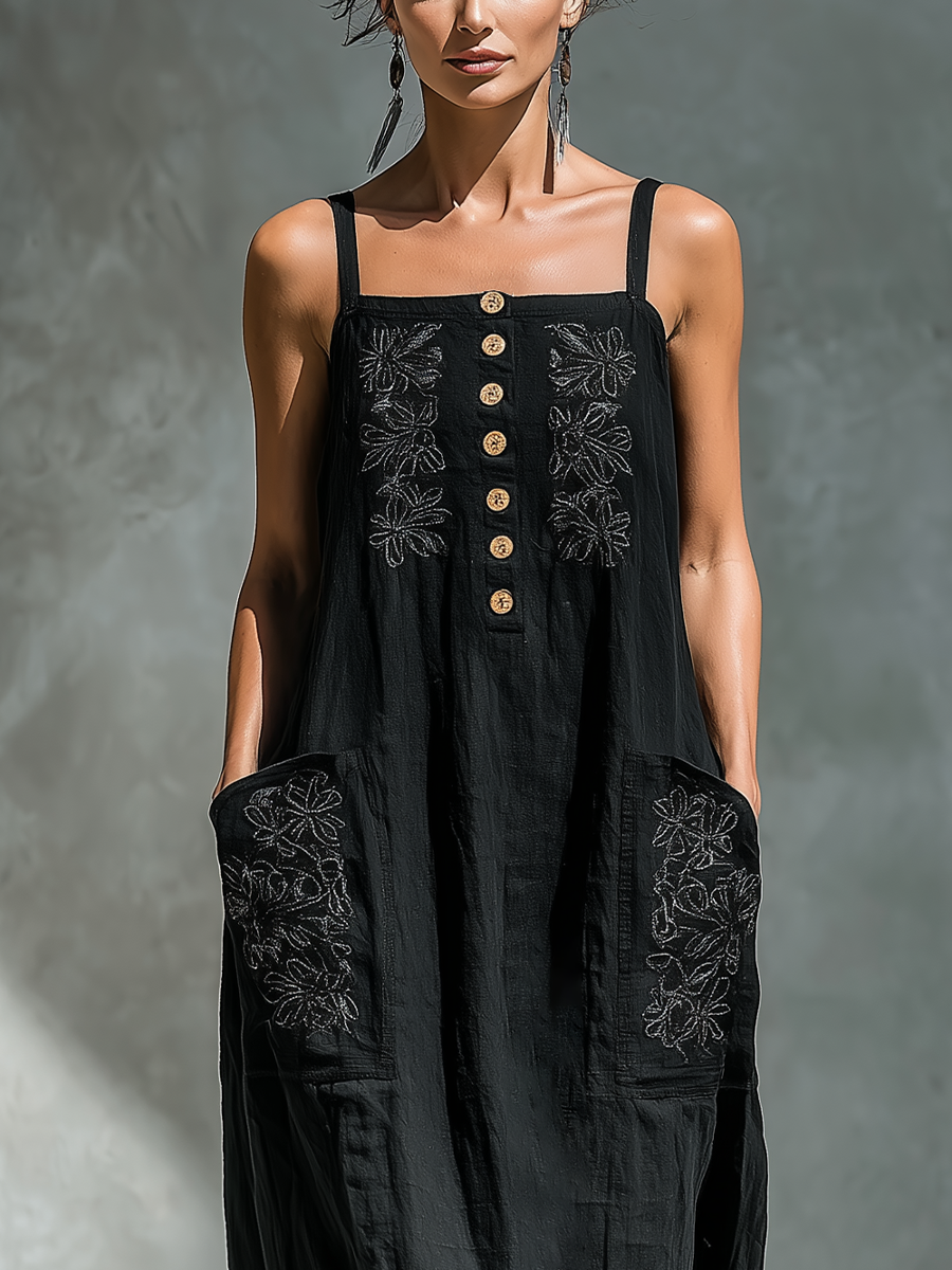Linen Maxi Dress with Embroidered Floral Design and Button Front for Women