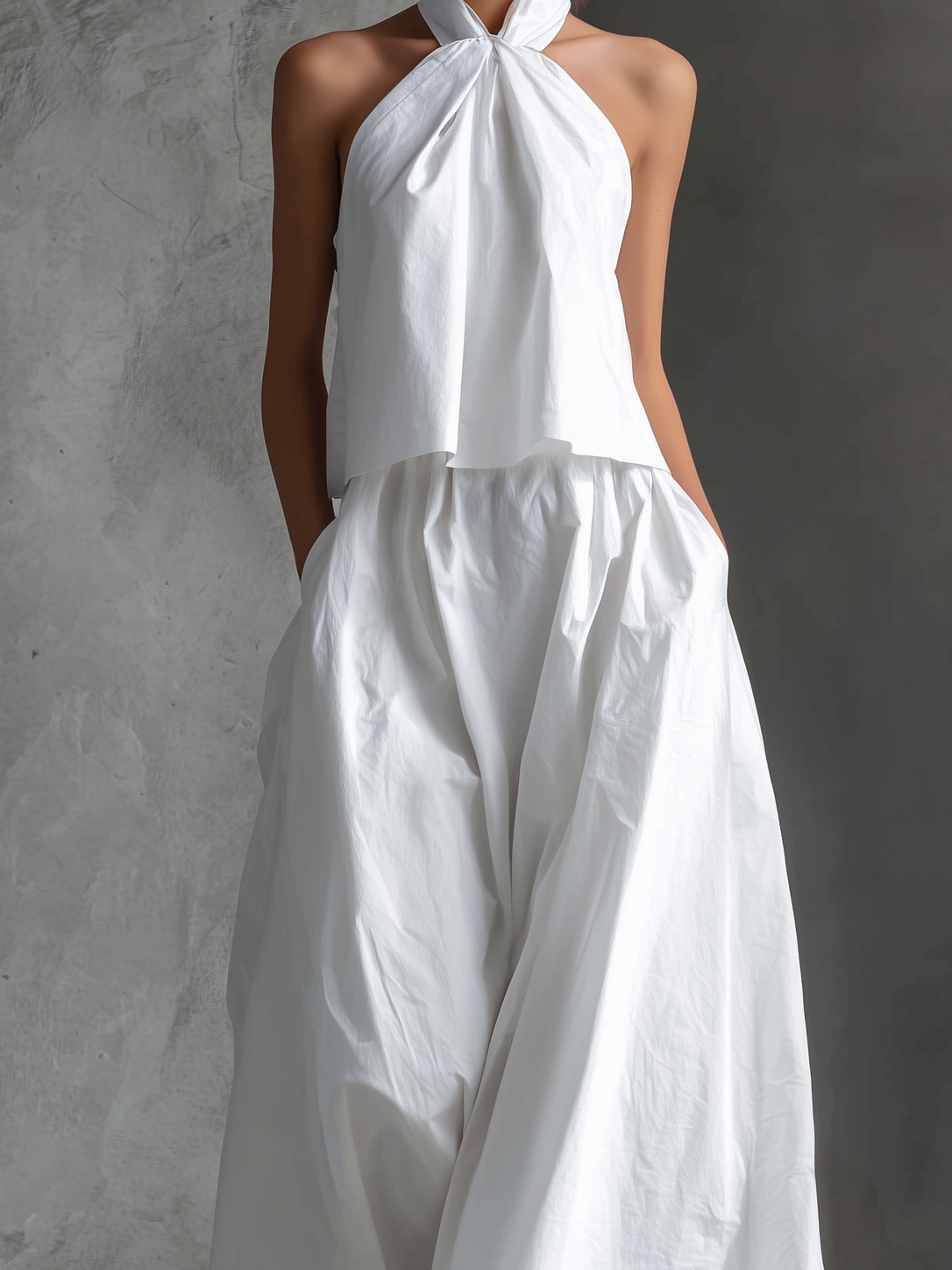 Cotton Linen Halter Maxi Dress with Tie Neck and Flowy Skirt