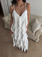 Ruffle V Neck Slit Camisole Midi Dress