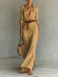 Silk Long Shirt Dress with Belted Waist and Deep V-Neck for Women