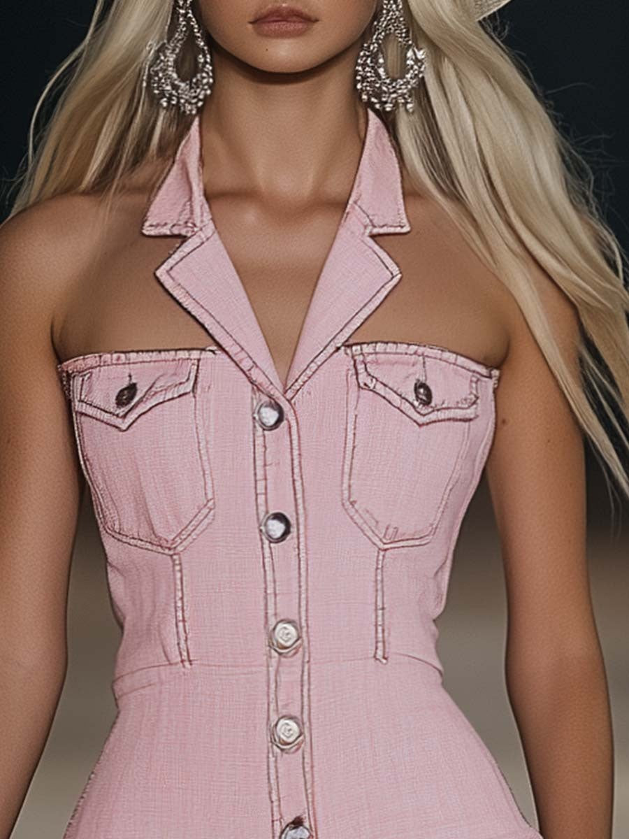 Pink Denim Halter Neck Button Down Bodycon Dress for Women