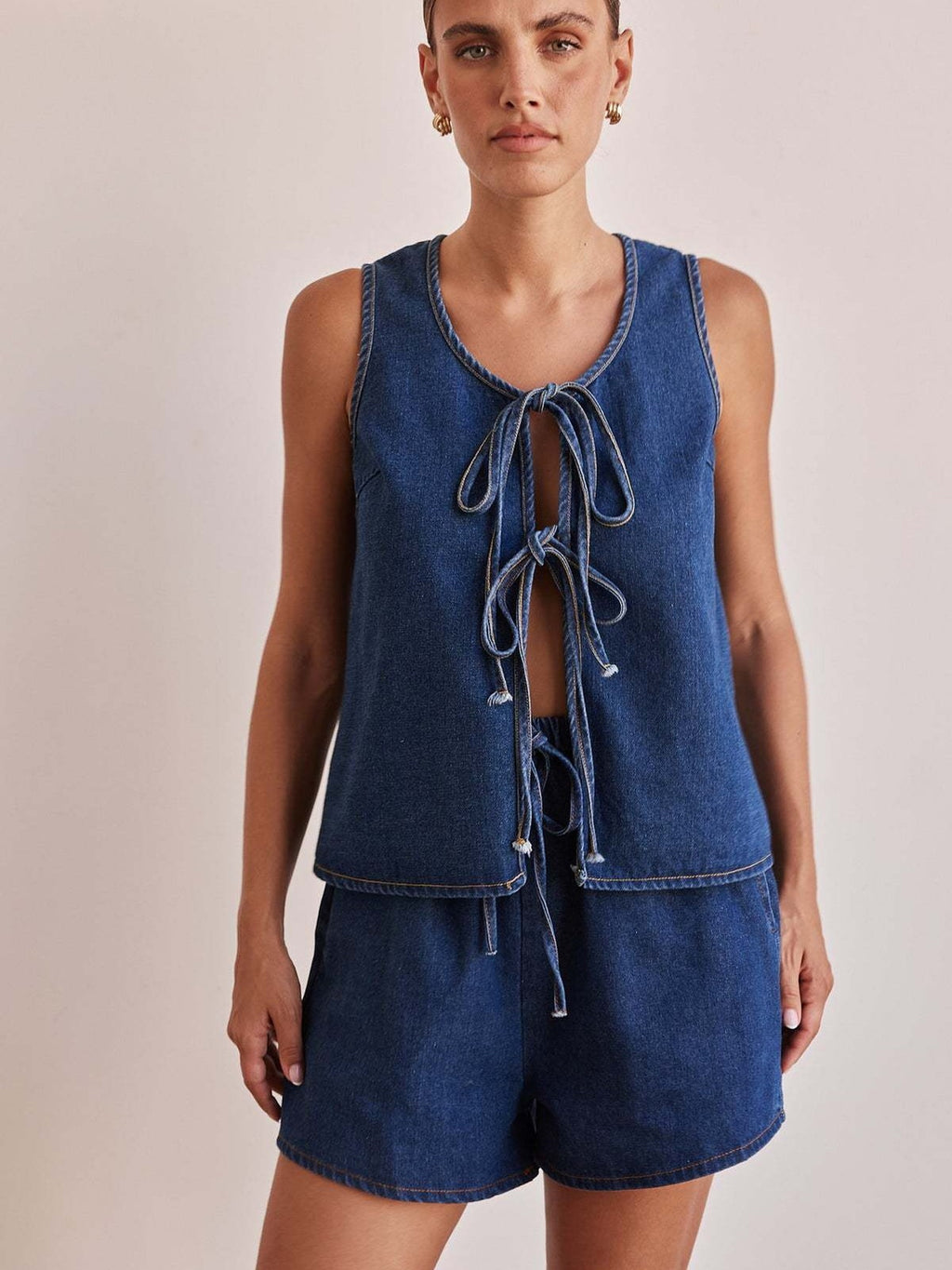 Denim Lace Up Shorts Set