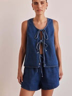 Denim Lace Up Shorts Set