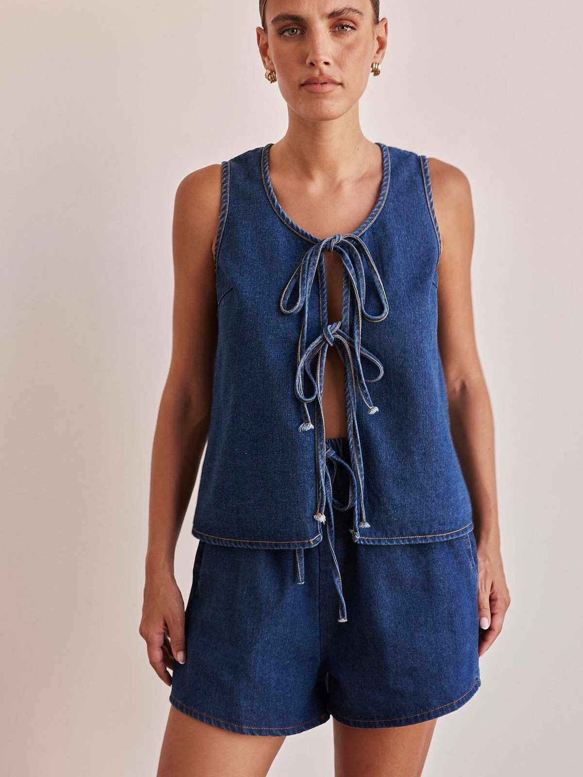Denim Lace Up Shorts Set