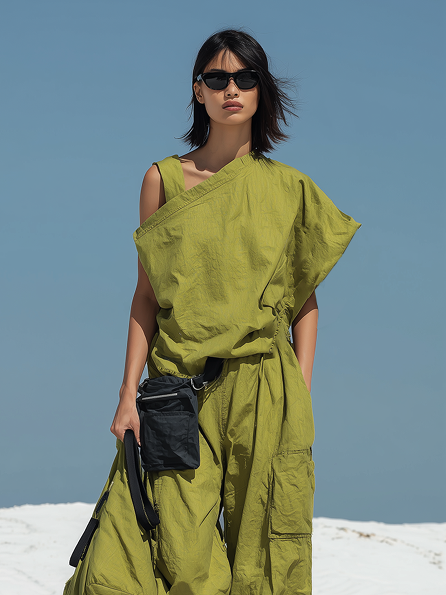 Cotton Linen Asymmetrical Sleeveless Jumpsuit with Cargo Pockets and Drawstring Waist