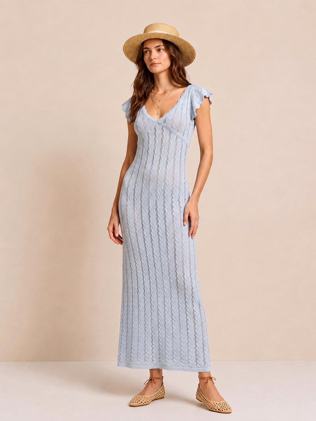 Yellow Cotton-Linen Knit Midi Dress – V-Neck with Ruffle Sleeves
