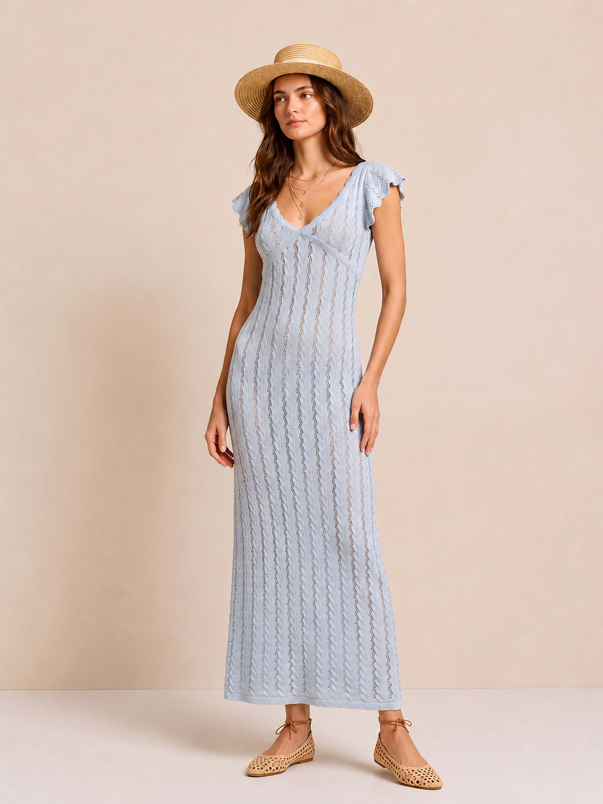 Yellow Cotton-Linen Knit Midi Dress – V-Neck with Ruffle Sleeves