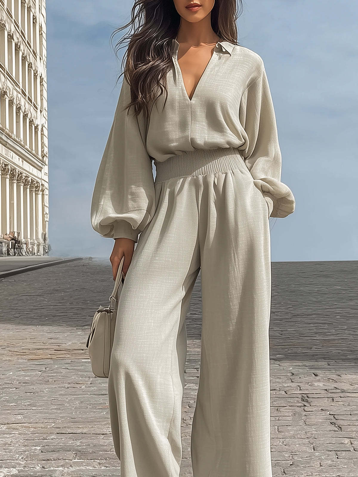 Lantern Sleeve V-neck Top And Wide-leg Pants Linen Set