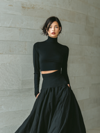 Conjunto de falda larga plisada de talle alto y top corto de mezcla de algodón negro
