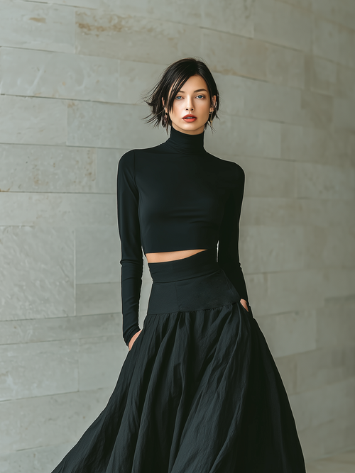 Black Cotton Blend High Waist Pleated Maxi Skirt with Crop Top Set