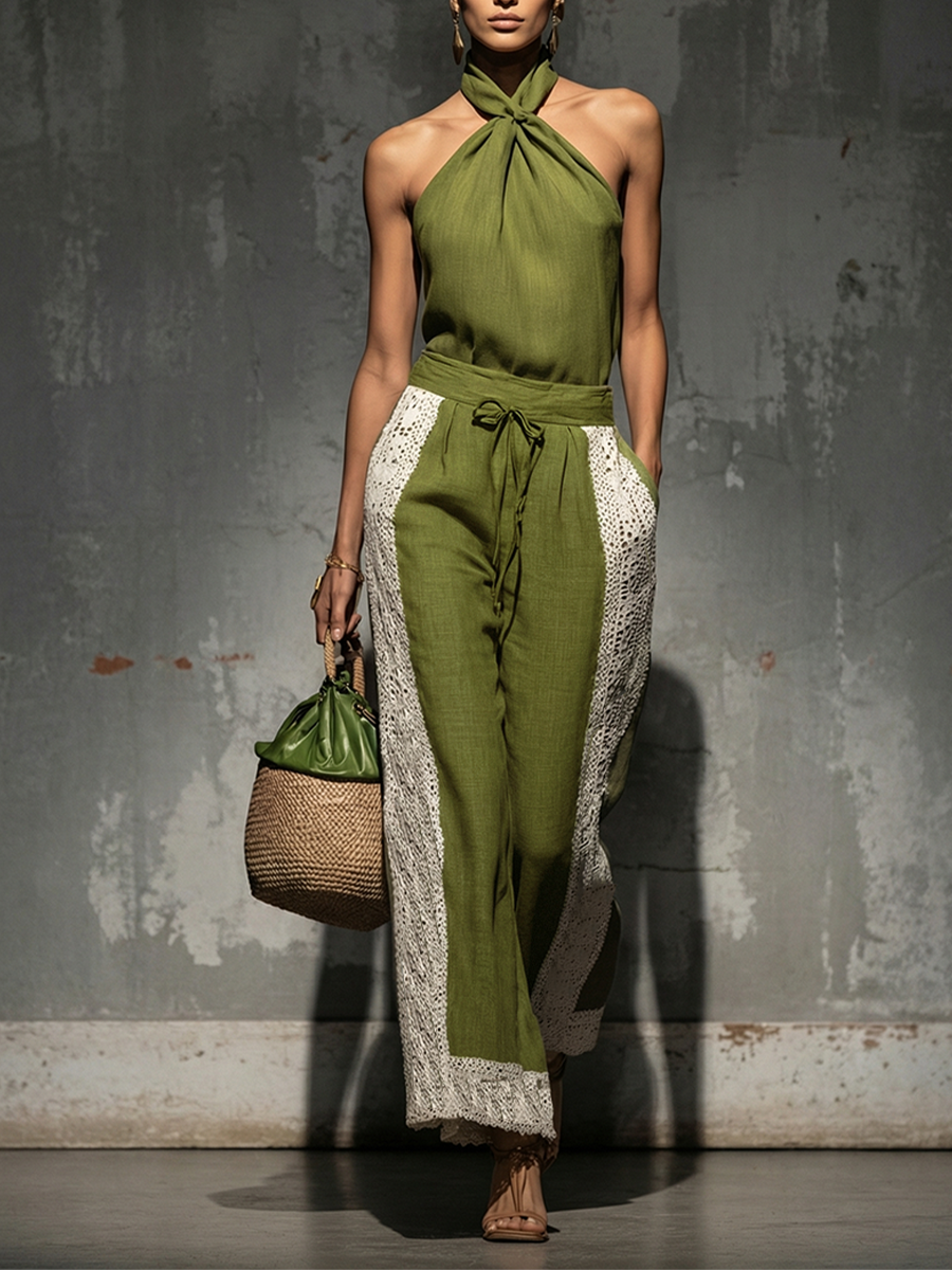 Linen Blend Halter Neck Top and Lace Panel Pants Set - Boho Chic Summer Outfit
