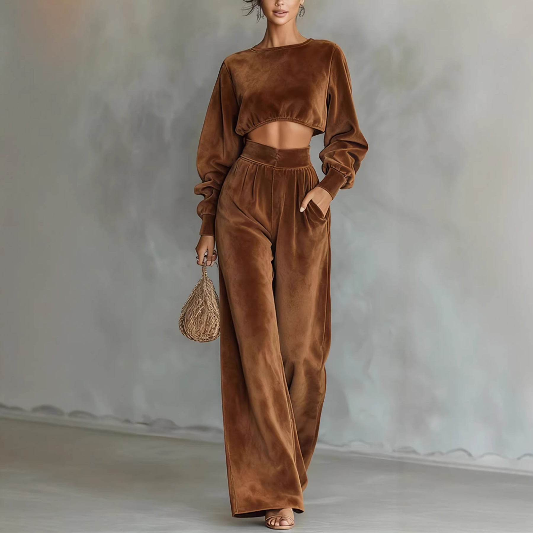 Velvet Cropped Top Wide Leg Pants Set
