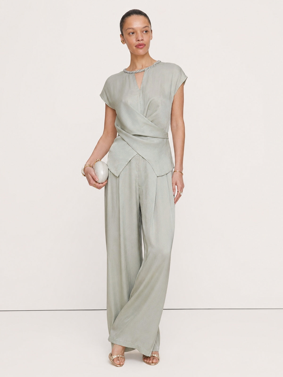 Braided Trim Wide-Leg Trouser Set