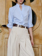 Band-Collar Button-Front Blouse