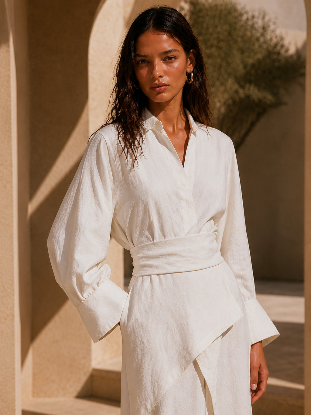 Wrap Belted Asymmetric Hem Linen-Blend Maxi Dress