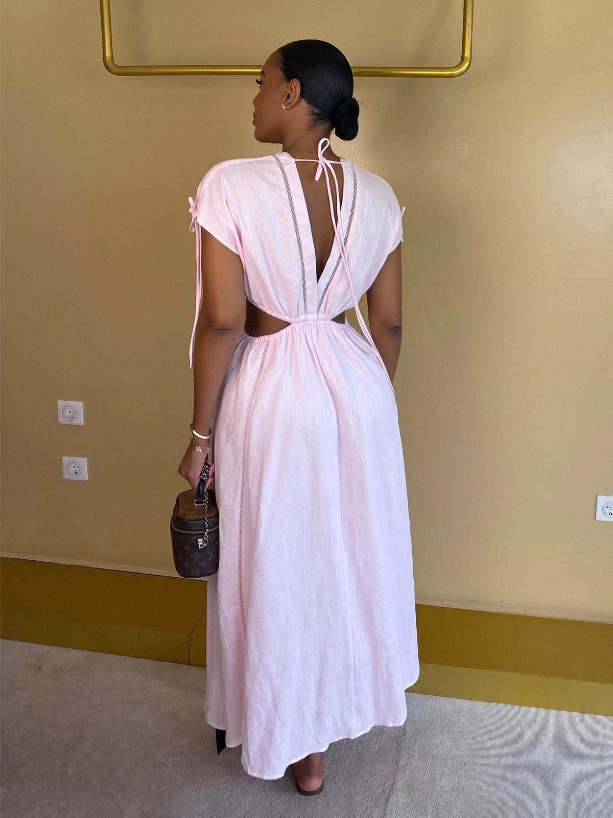 Linen V Neck Cut Out Midi Dress