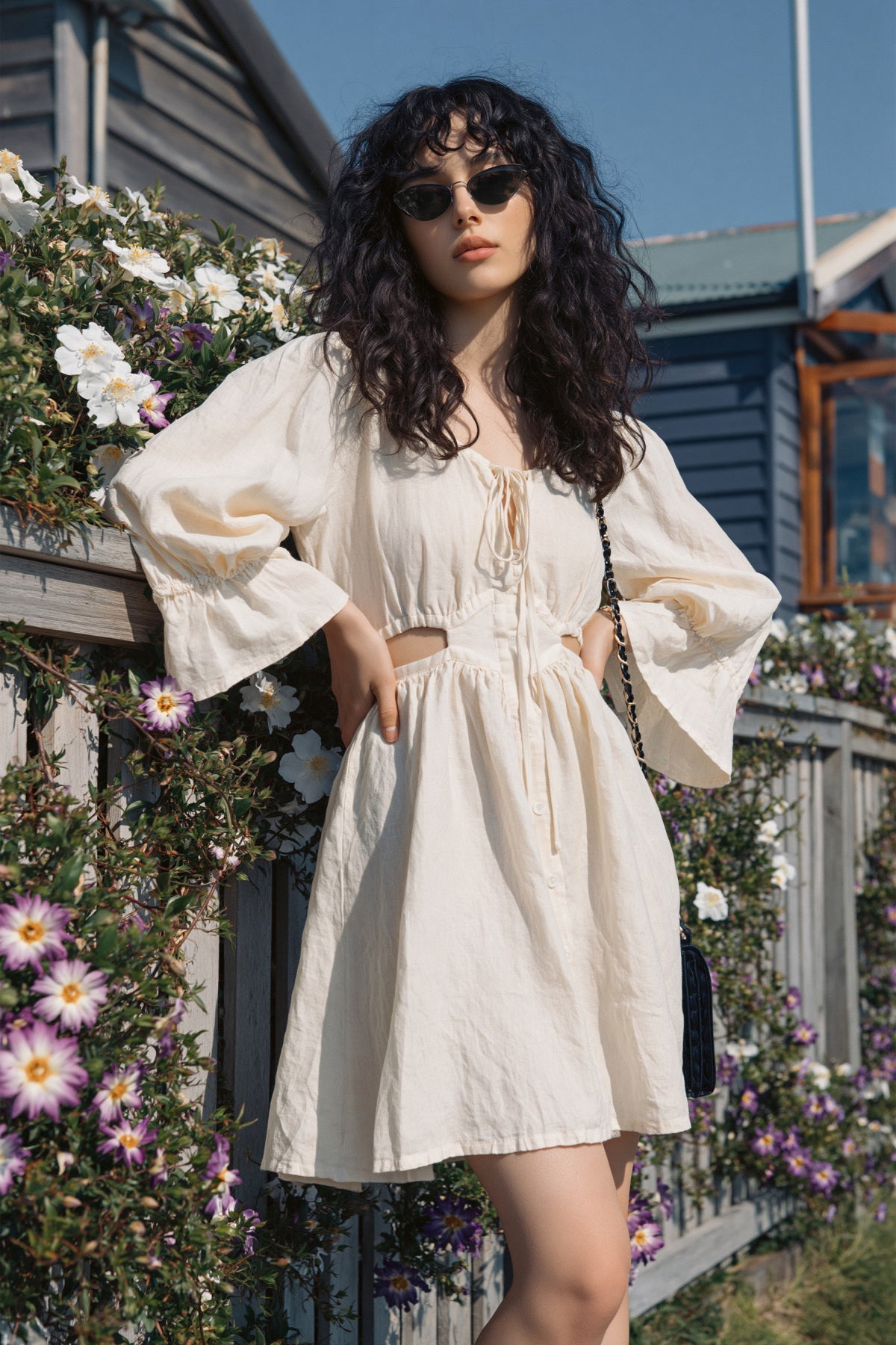Cotton Linen Blend Loose Fit Square Neck Mini Dress with Puff Sleeves and Cutout Detail