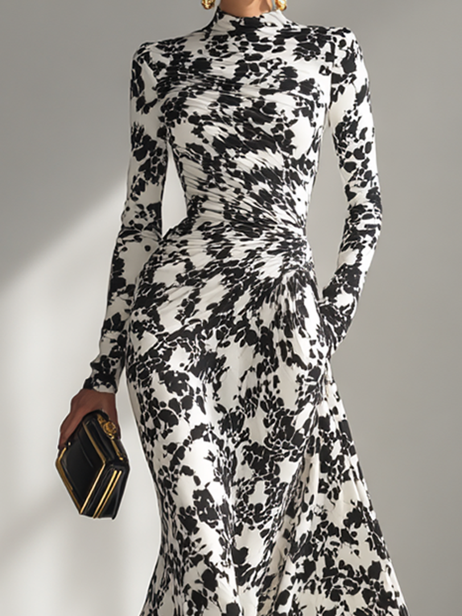 Elegant Black and White Floral Print Long Sleeve Mermaid Gown in Stretch Crepe Fabric for Formal Events