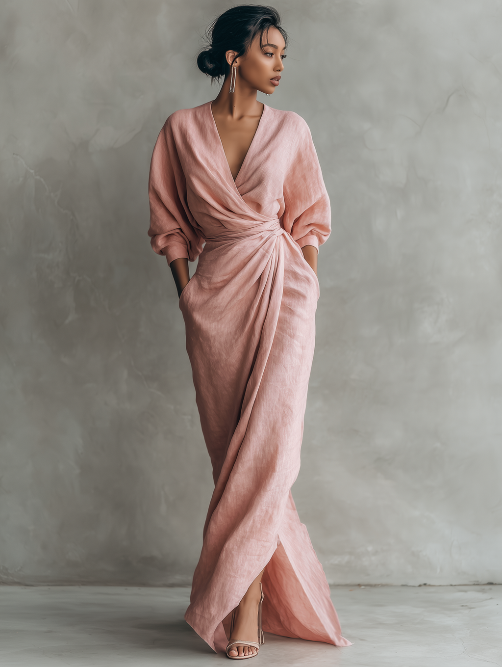 Linen Wrap Maxi Dress for Women Elegant V-Neck Long Sleeve Flowy Gown with Knot Waist and Side Pockets