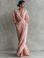 Leinenwickel-Maxikleid für Damen, elegantes V-Ausschnitt-Kleid mit langen Ärmeln, fließendem Schnitt, geknoteter Taille und Seitentaschen