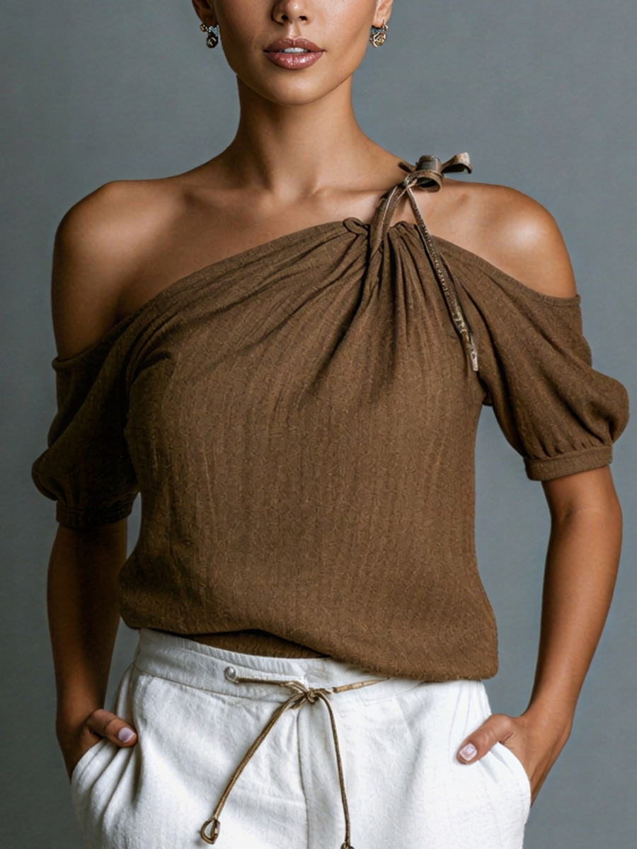 Linen Blend One Shoulder Top with Adjustable Tie Detail