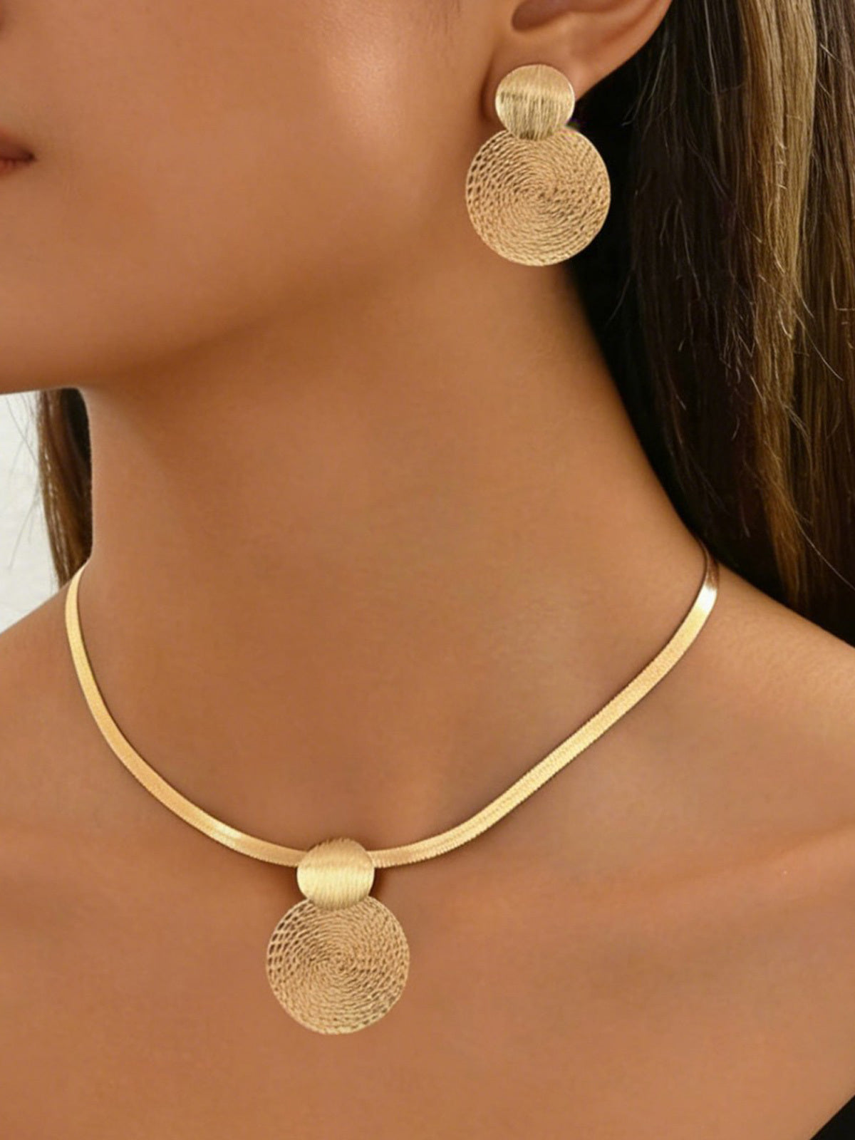 Gold-tone Textured Disc Necklace And Earrings Two-piece Set