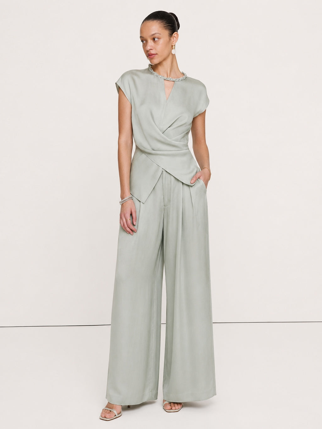 Braided Trim Wide-Leg Trouser Set