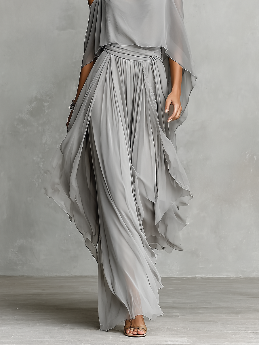 Chiffon Cold Shoulder Long Dress with Asymmetric Hem and Flowy Sleeve