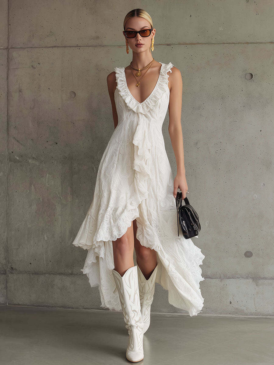 Ruffle Asymmetrical Sleeveless Midi Dress