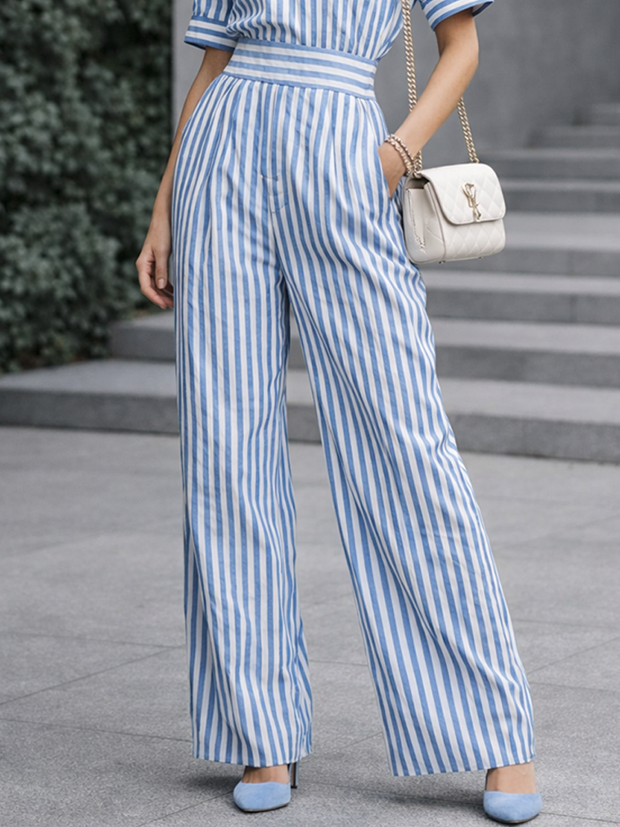Cotton Striped Wide-Leg Jumpsuit with Short Sleeves and Elastic Waist for Women