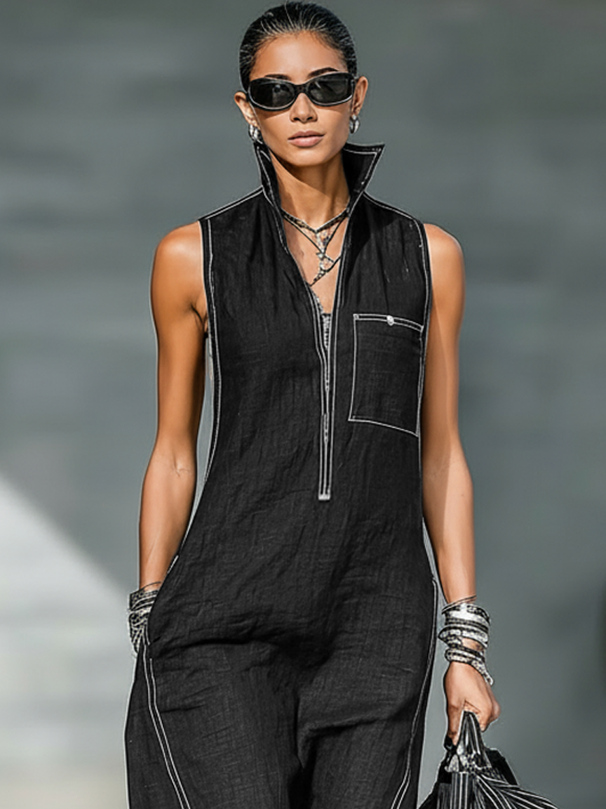 Linen Sleeveless Wide Leg Jumpsuit with Zipper Front and Contrast Stitching
