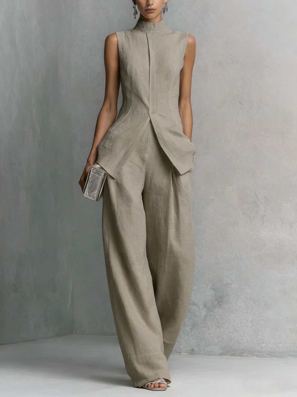 High-Neck Sleeveless Vest & Wide-Leg Pants Set