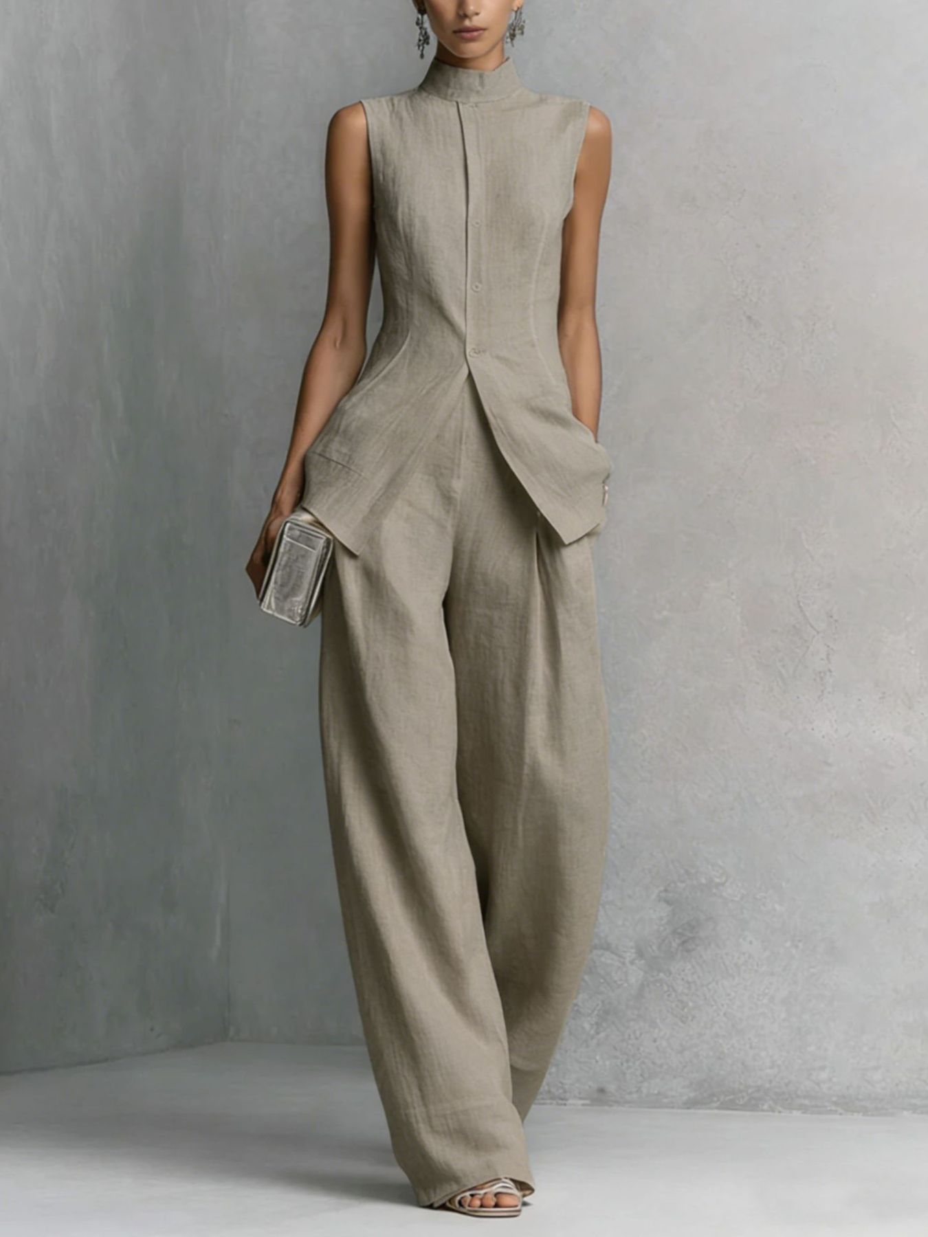 High-Neck Sleeveless Vest & Wide-Leg Pants Set