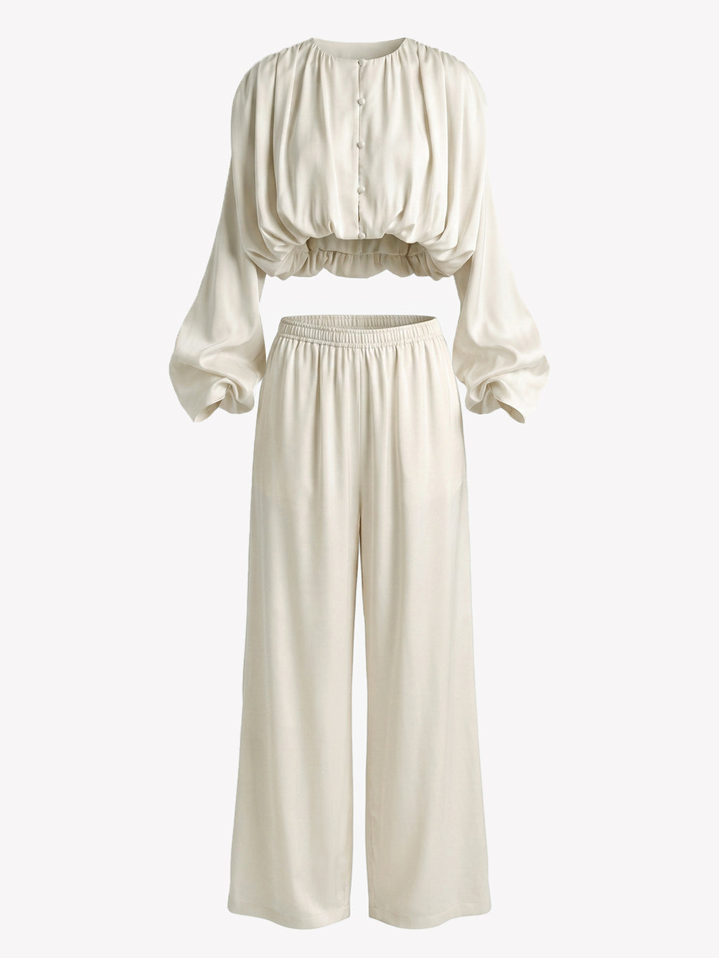 Satin Puff Sleeve Wide Leg Two-Piece Set