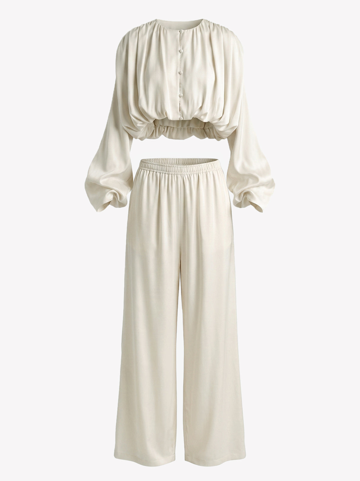 Satin Puff Sleeve Wide Leg Two-Piece Set