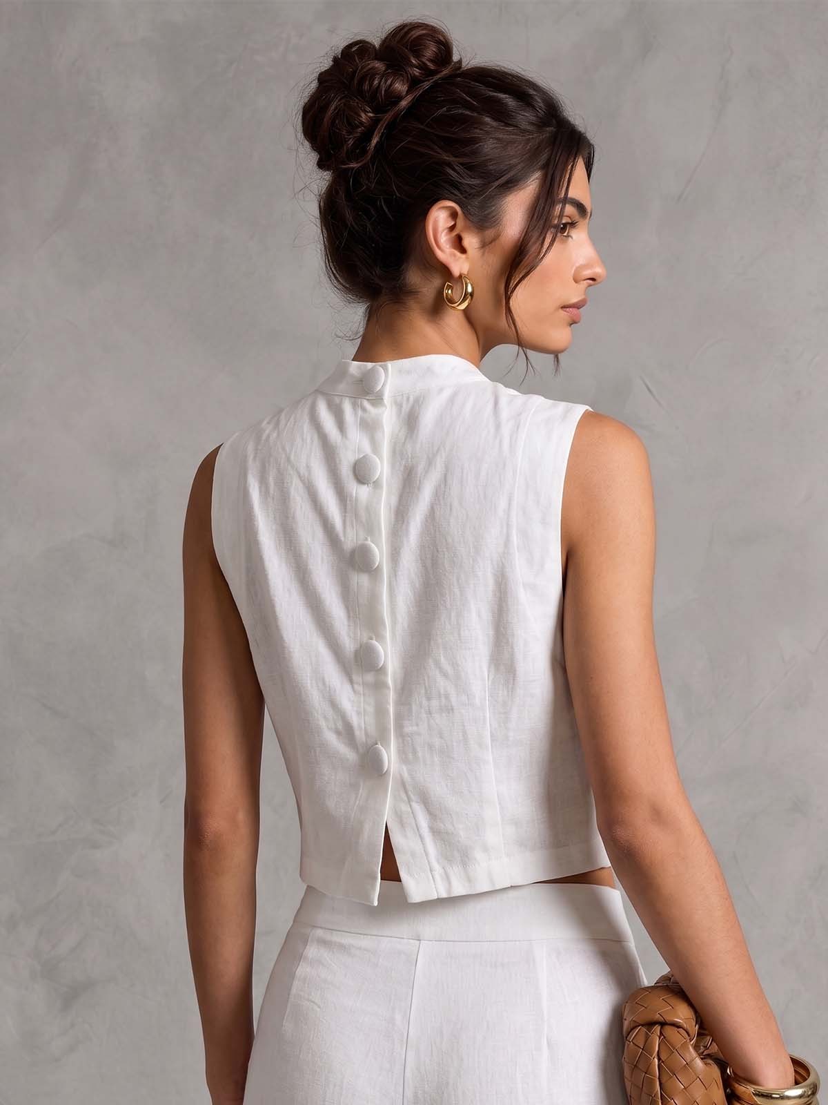 White Linen-Blend Sleeveless Cropped Top with Back Button Detail